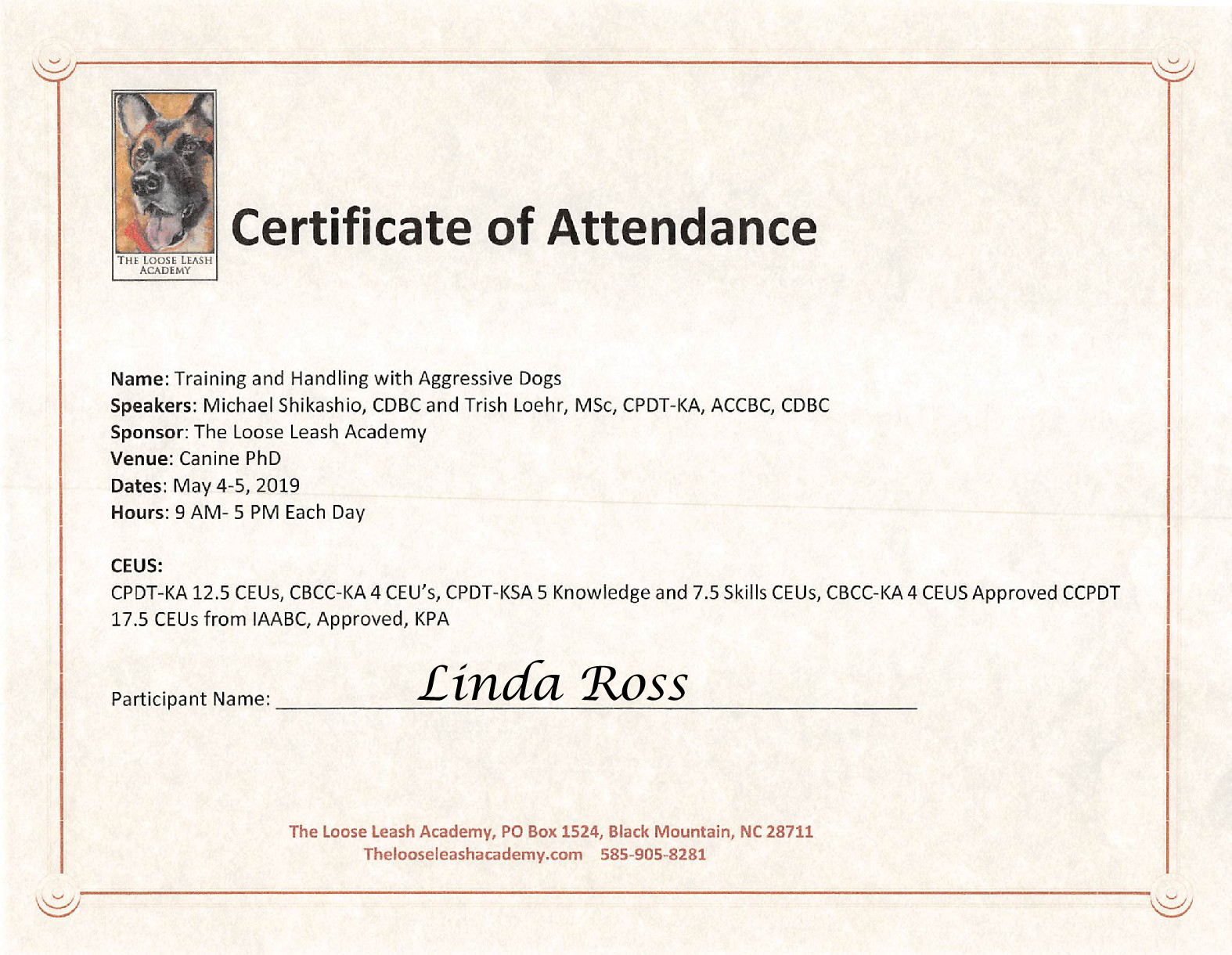 Training and Handling of Aggressive Dogs - Certificate of Attendance (In person - 2019)