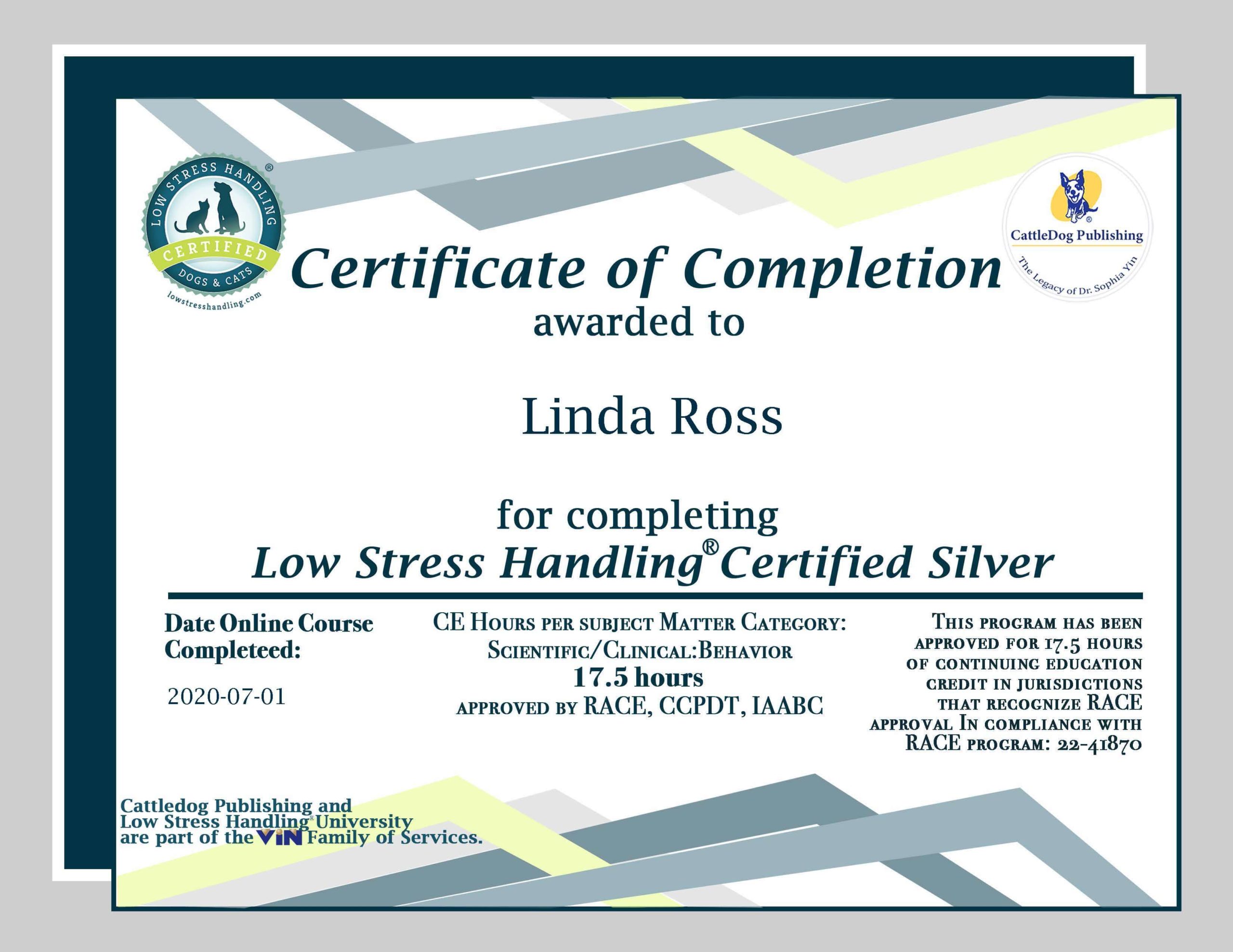 Low Stress Handling® University - Silver Certified Certificate (2020)