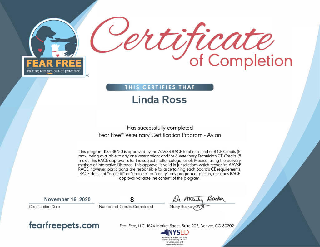 Fear Free® Veterinary Certification Program Certificate - Avian (2020)