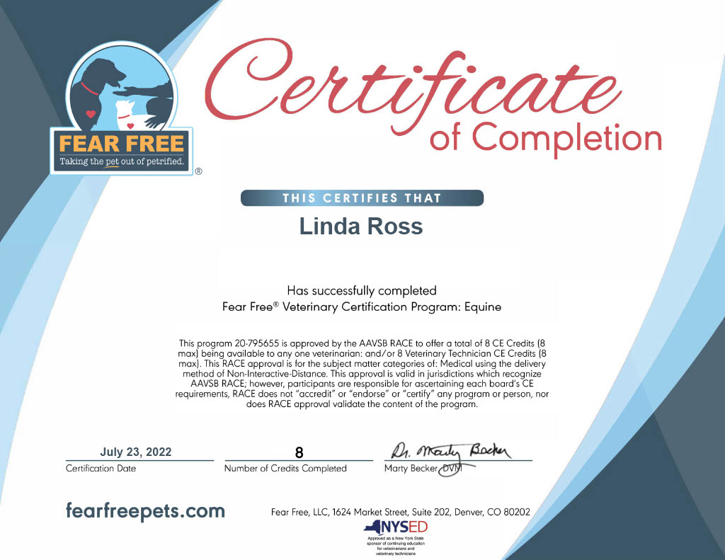 Fear Free® Veterinary Certification Program Certificate - Equine (2022)